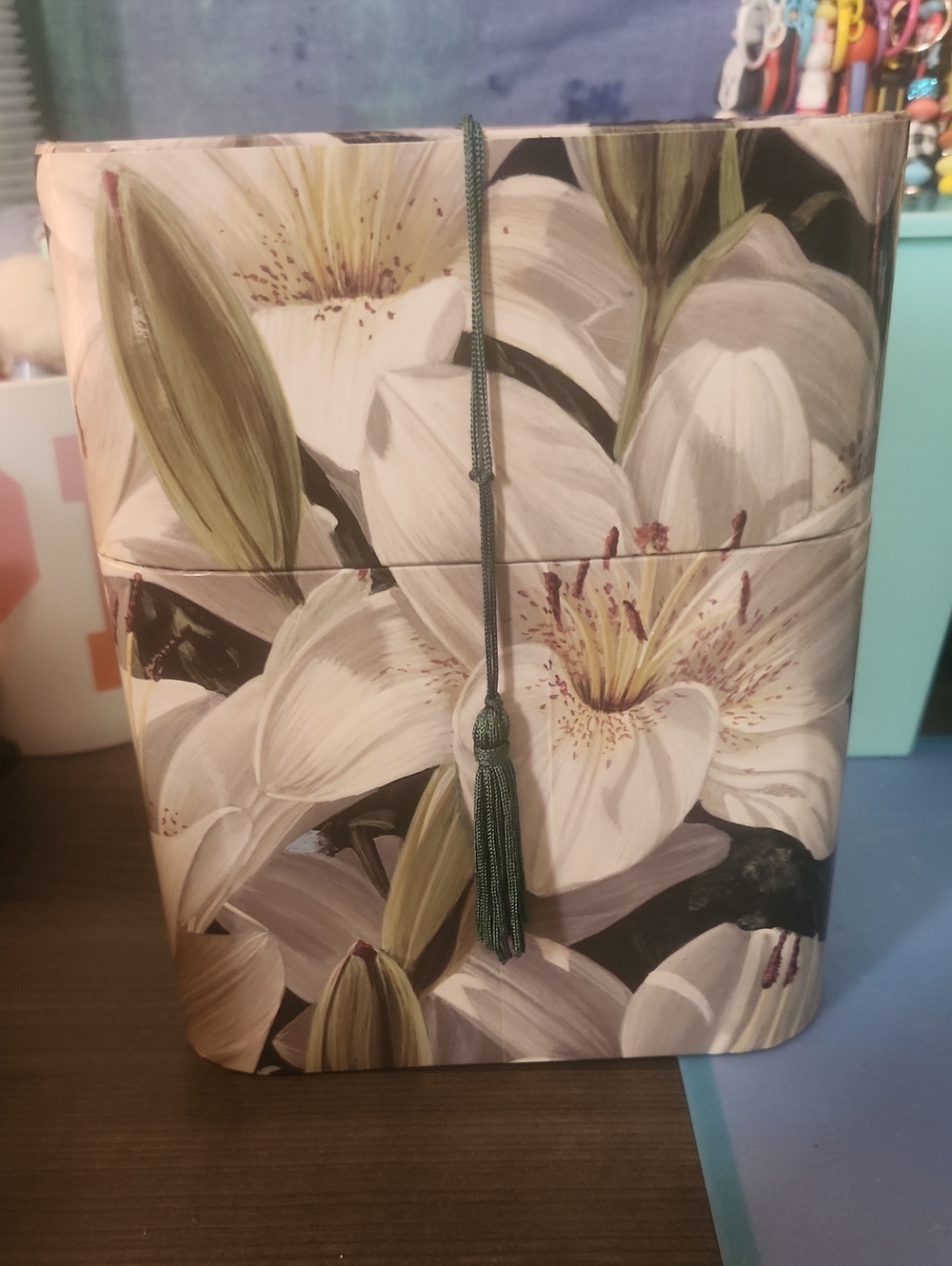 Floral Decorative Storage Box with Green Tassel
